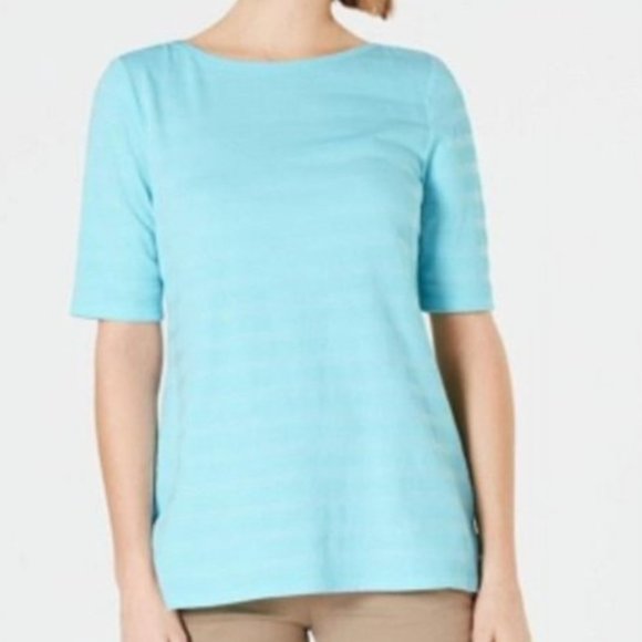 Charter Club Women's Cotton Texture Striped Elbow Sleeve Top Aqua Medium - Picture 2 of 7